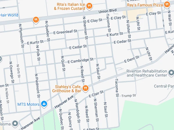 Street map around Capri Auto Works on Hanover Avenue
